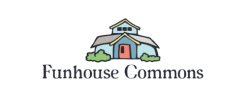 A sketched colorful house above Funhouse commons. Logo for Funhouse commons.