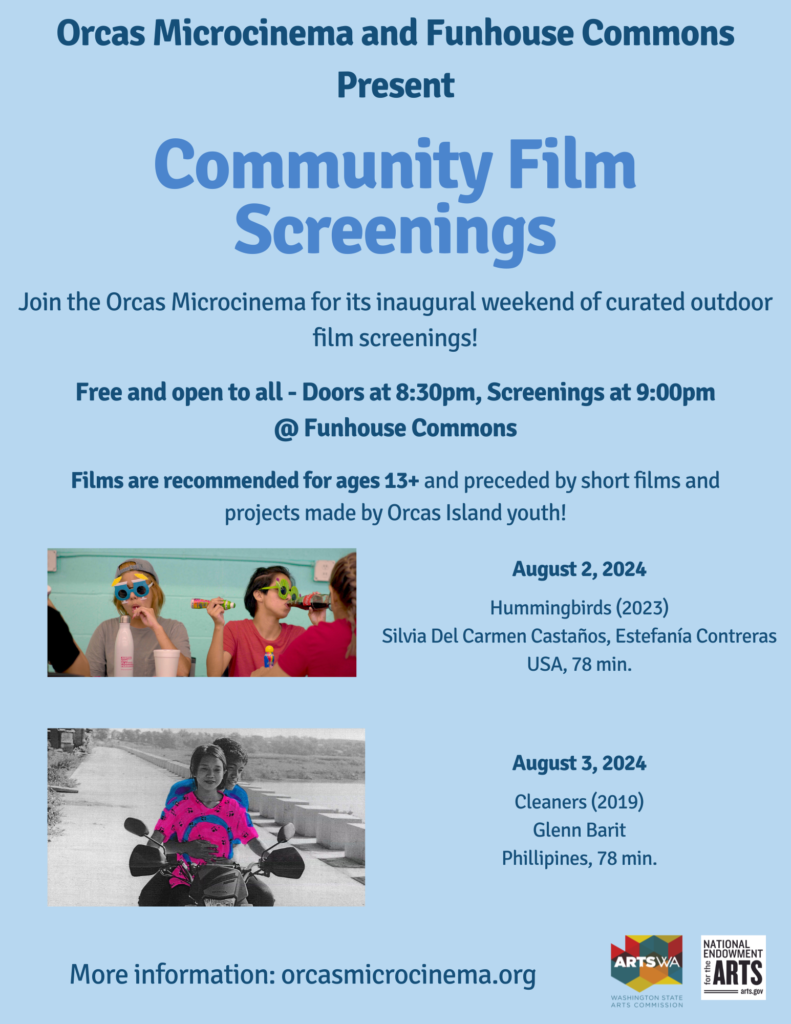Community film screening poster with dates and times for CLEANERS and HUMMINBIRDS.