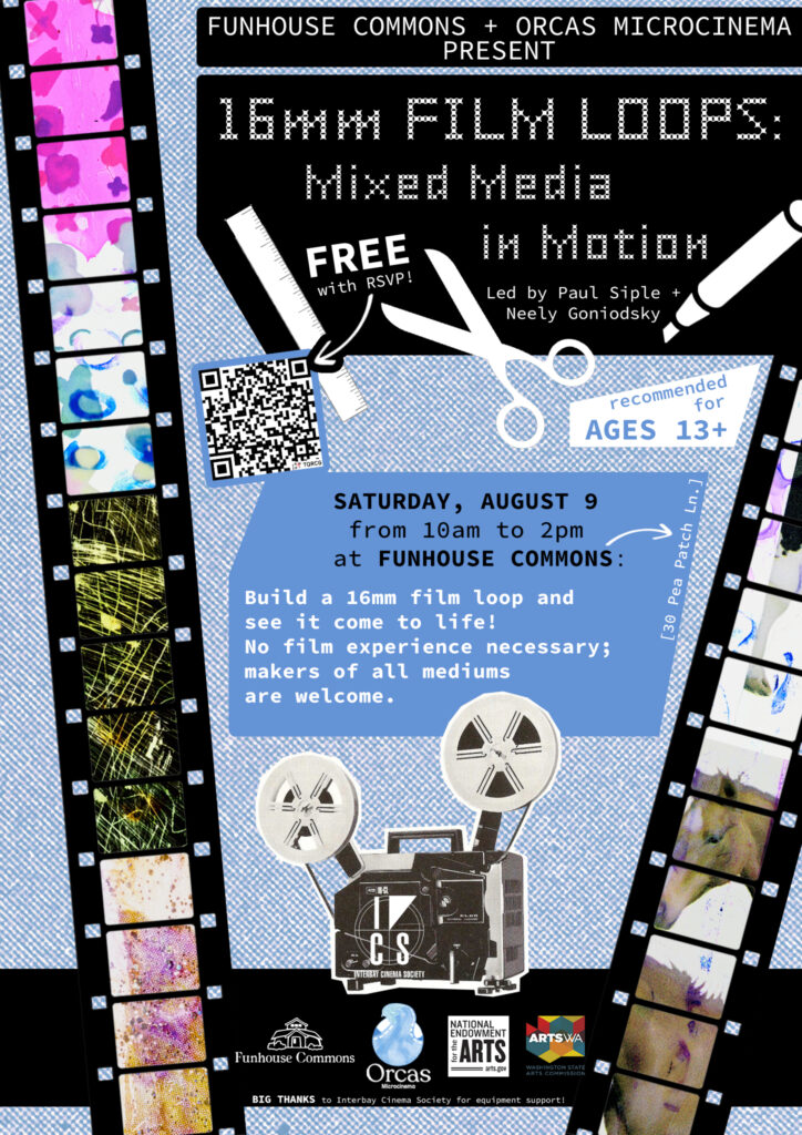 Poster for 16 mm film workshop. Images of film strips, scissors, pencils, and other crafting materials.